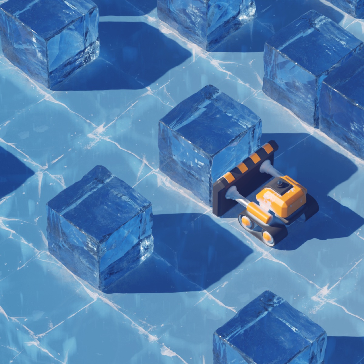 Isometric close-up — the robot among ice blocks on the grid