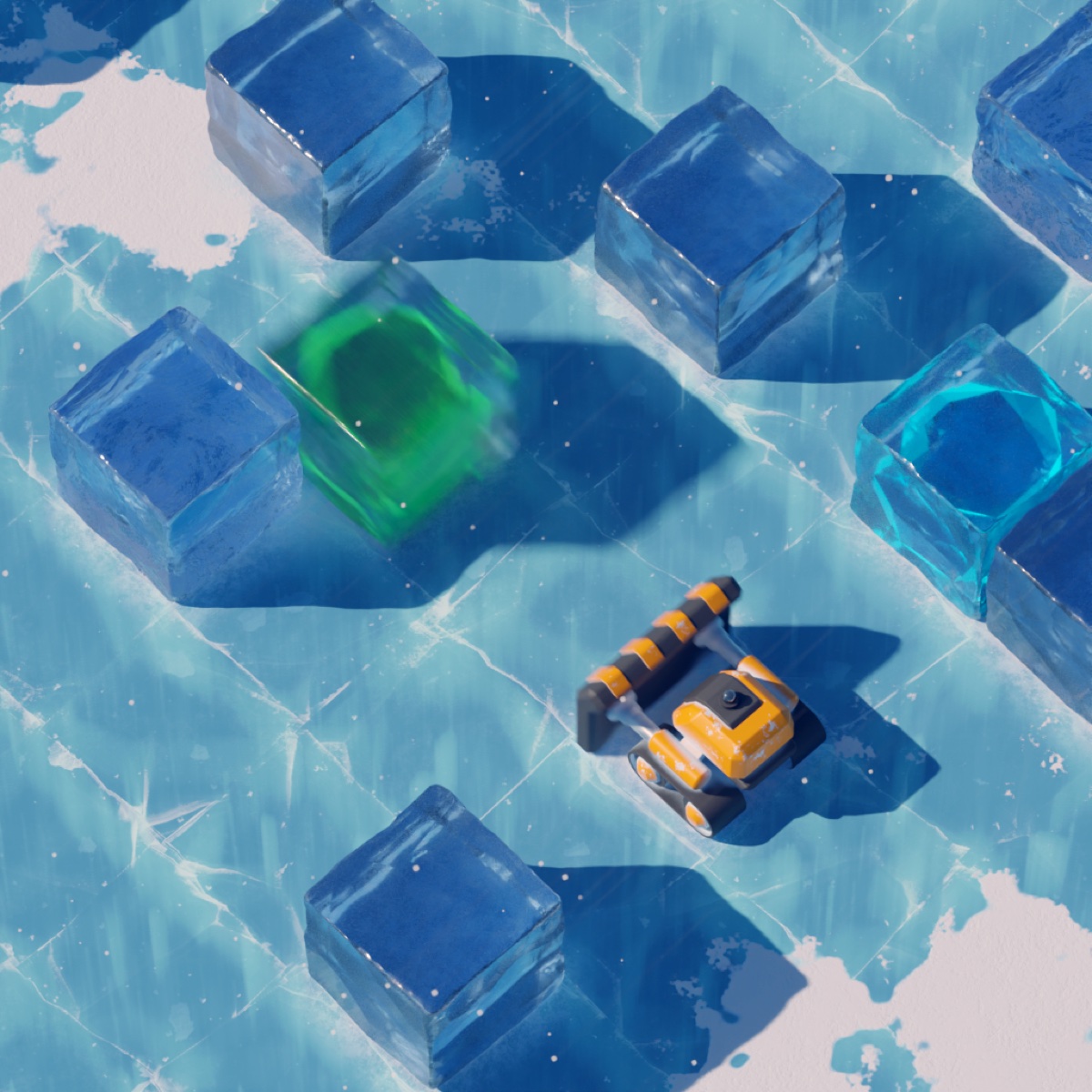 Top-down view — the robot on an icy grid with colored crystal blocks