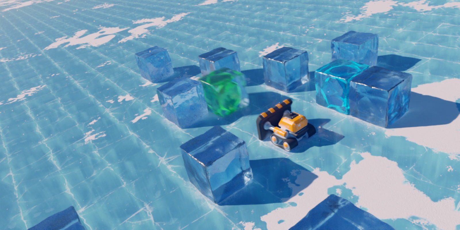 Panoramic view — crystal blocks scattered across the frozen grid