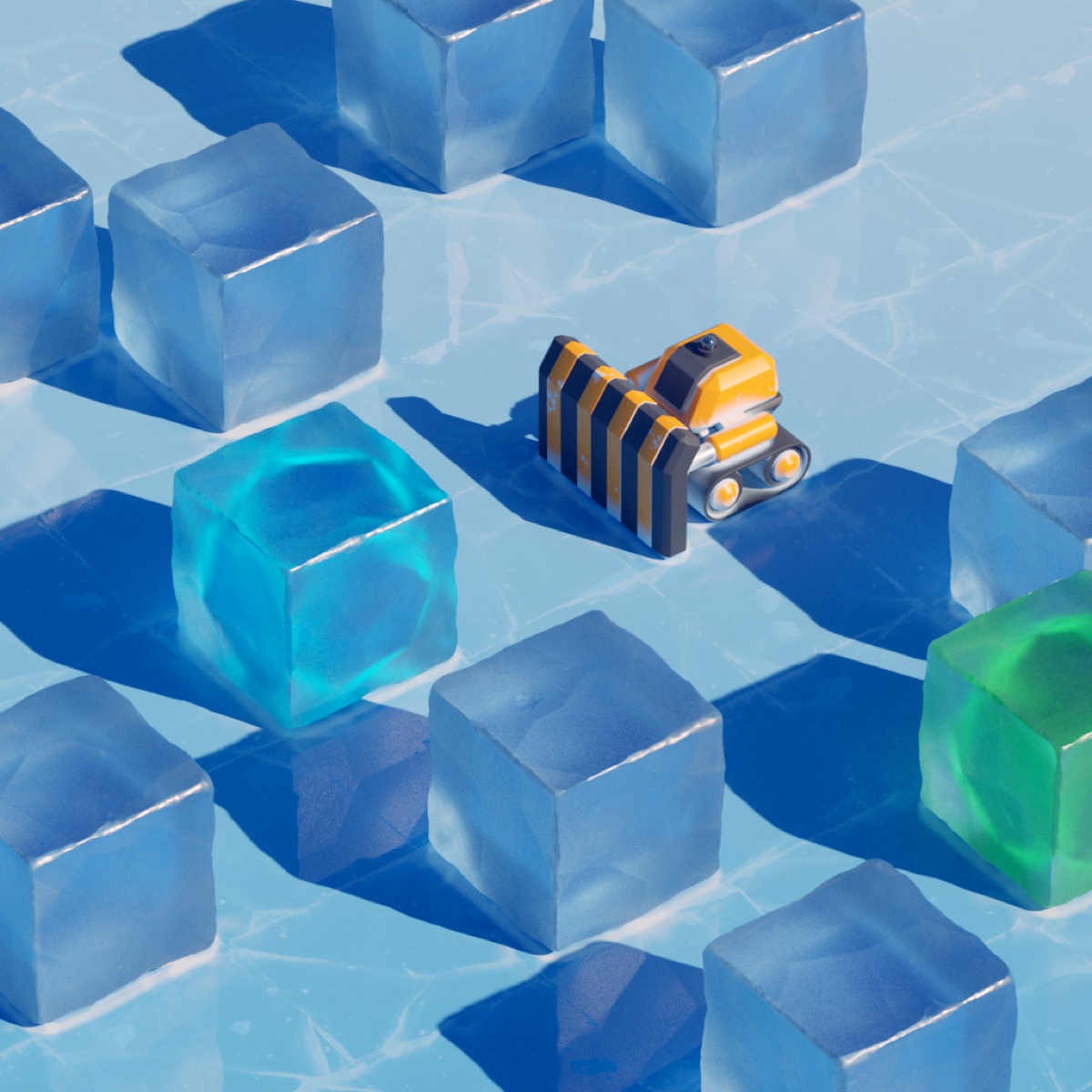 Close-up — the robot between cyan and green crystal blocks