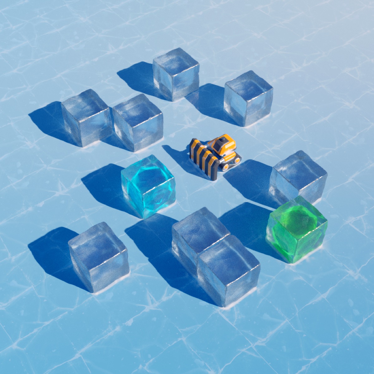 The robot surrounded by ice and crystal blocks on cracked ice