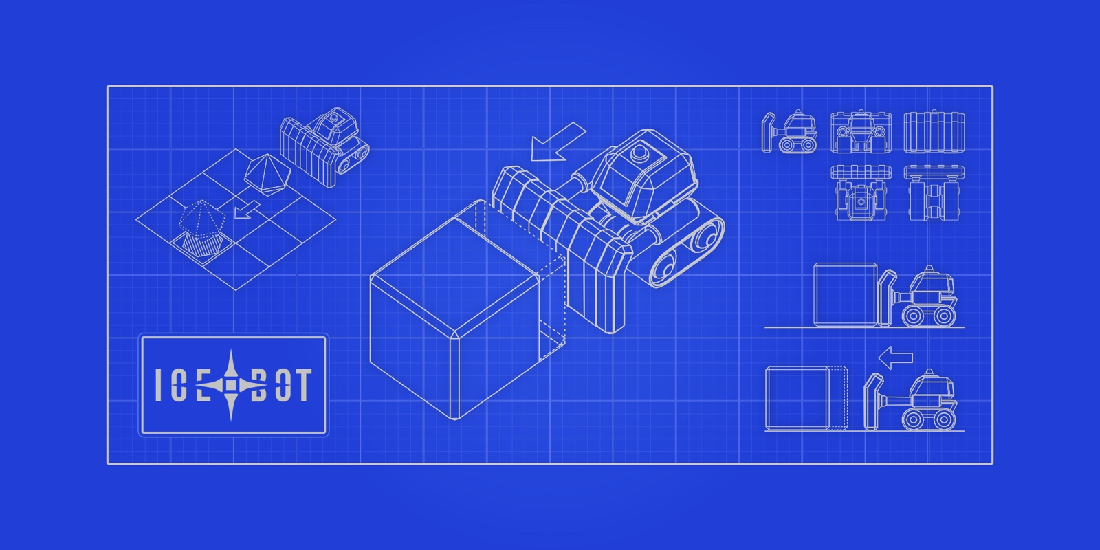 Blueprint schematic — technical drawings of the Ice Bot robot and ice blocks