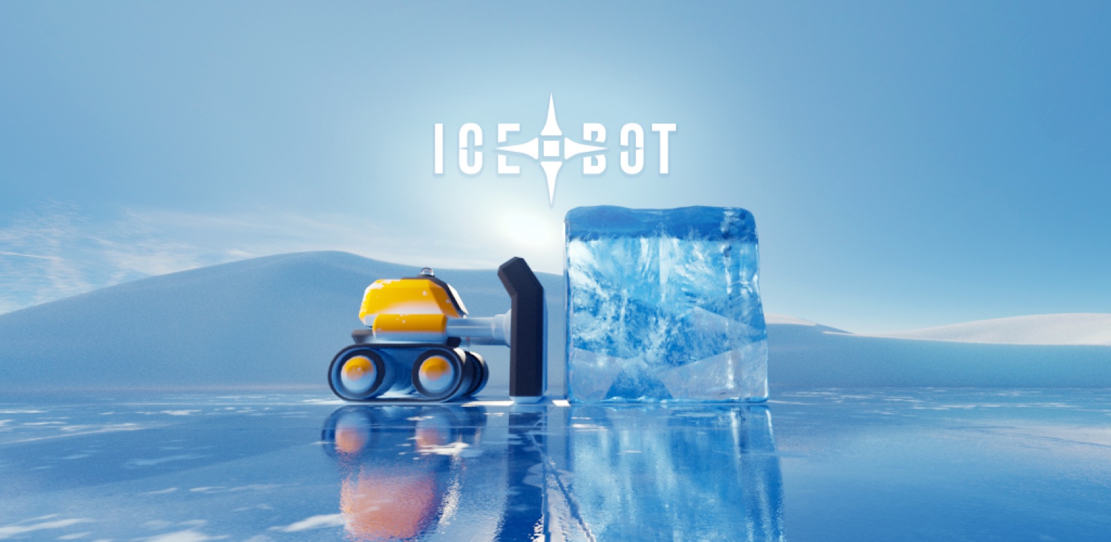 Ice Bot — the robot pushes a crystal block across a frozen landscape